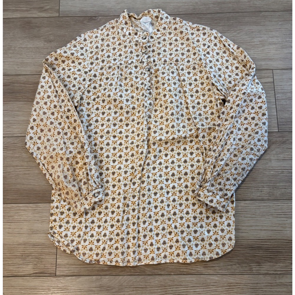 The Redi Vintage Women Ditsy Floral Band Collar Boho Chic 70s Blouse Tan Brown L